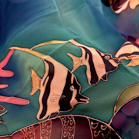 Silk chiffon Lee Caldwell tropical ocean fish hand painted scarf 29” square - Picture 10 of 14